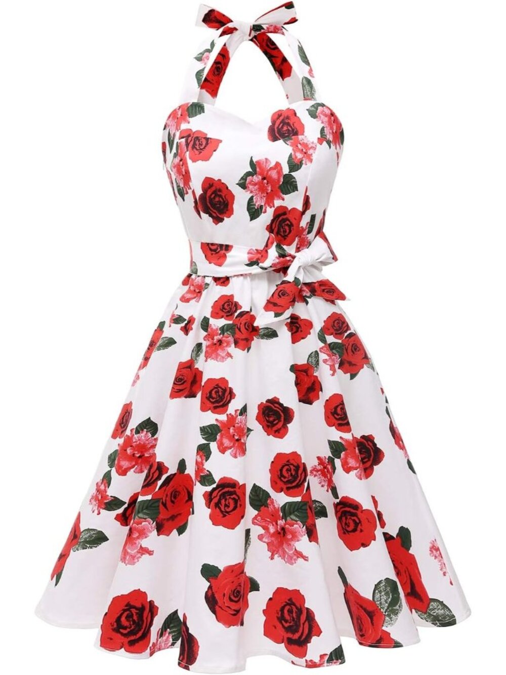 Women's White Rose Halter Neck Vintage Polka Audrey Retro Cocktail Dress